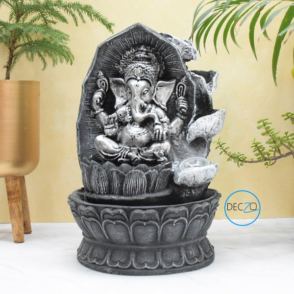 Ganesha Sitting on Lotus Water Fountain  : 37 CM, Black-Silver