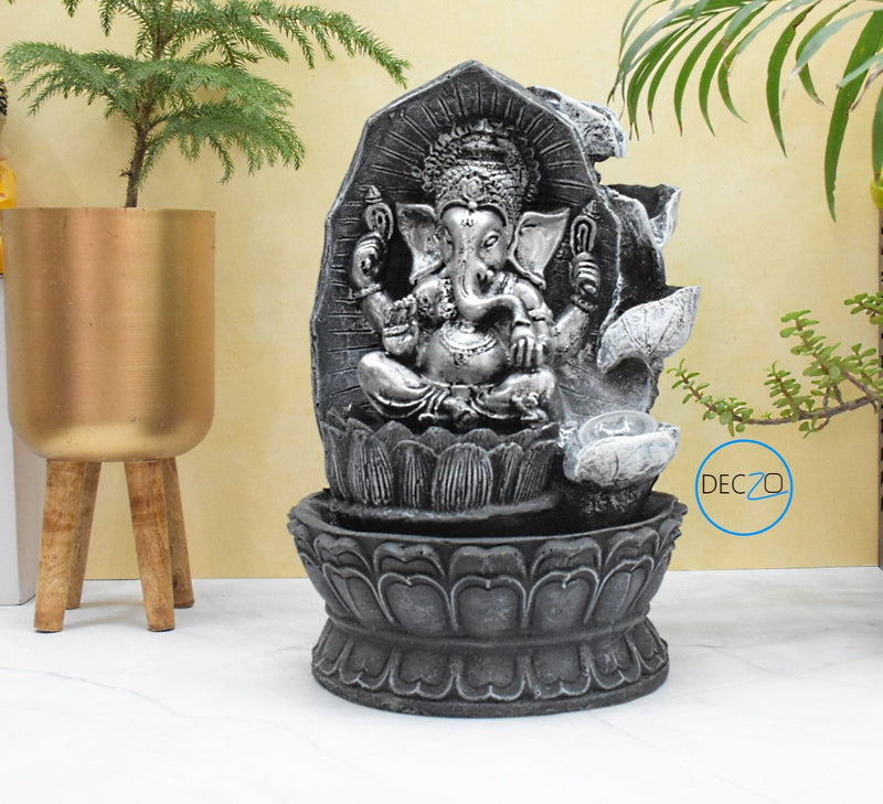 Ganesha Sitting on Lotus Water Fountain  : 37 CM, Black-Silver