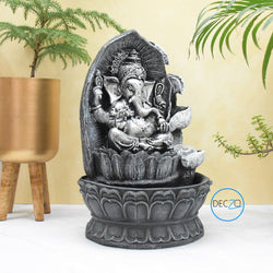 Ganesha Sitting on Lotus Water Fountain  : 37 CM, Black-Silver