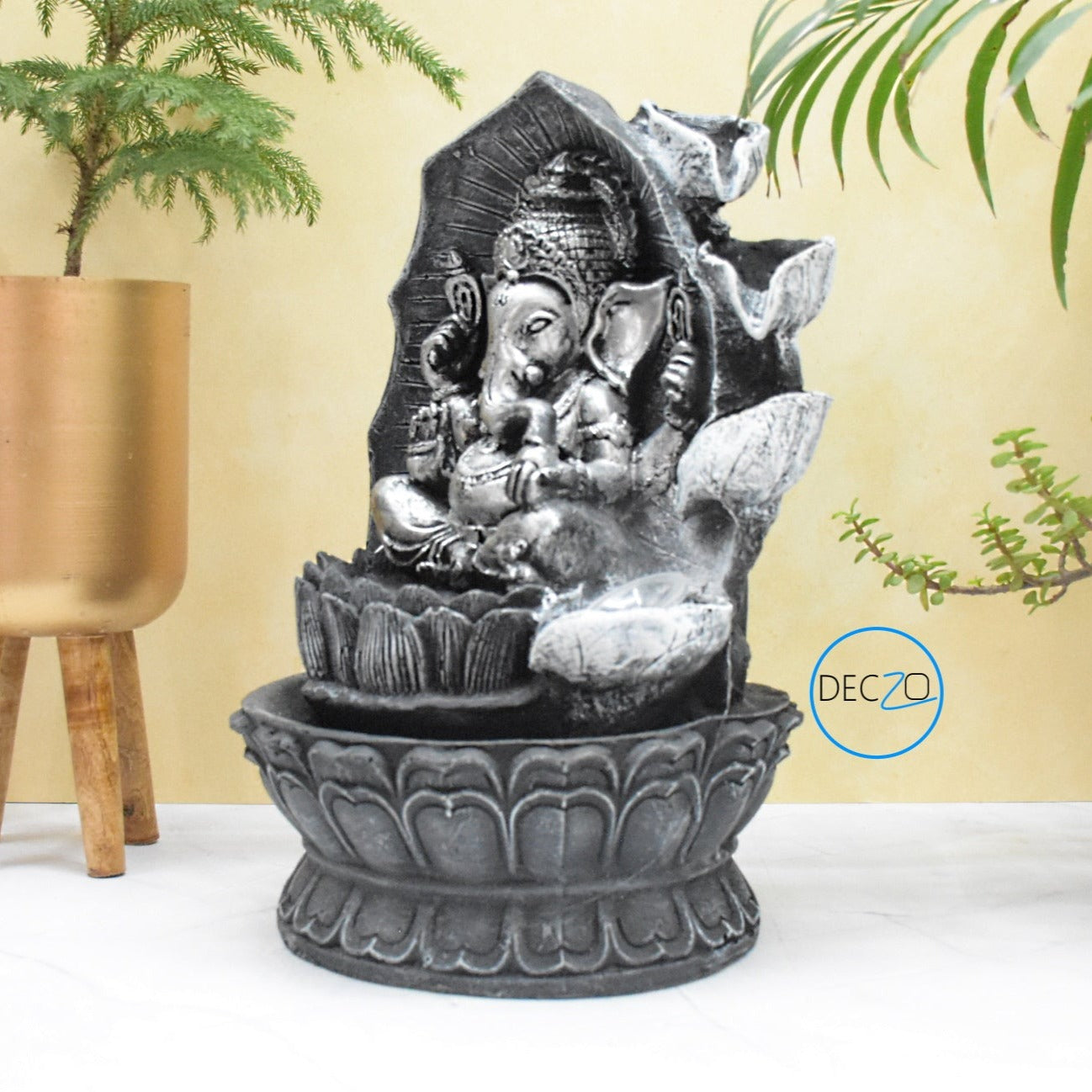 Ganesha Sitting on Lotus Water Fountain  : 37 CM, Black-Silver