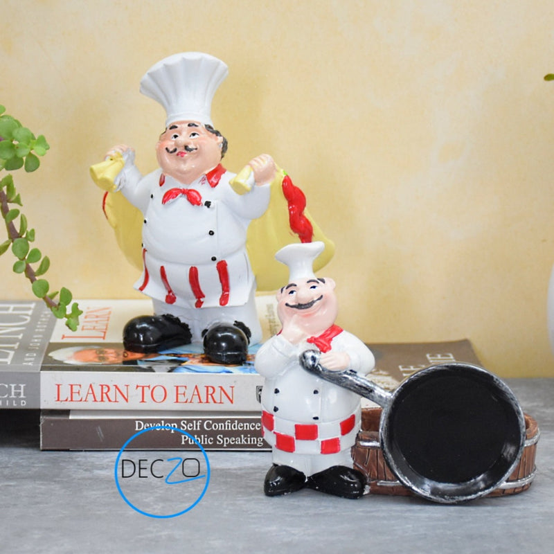 Combo of Chef Holding Fry Pan and Chef with Cart Salt and Pepper Shaker Holder
