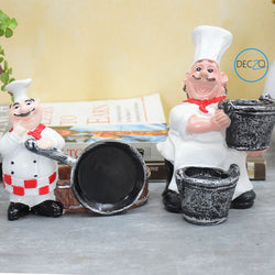 Combo of Laughing Chef and Chef Holding Fry Pan Salt and Pepper Shaker Holders