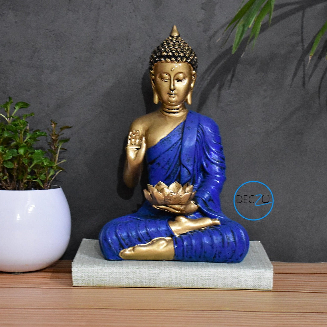 Blessing Buddha Holding Lotus Tealight Holder: Golden-Blue