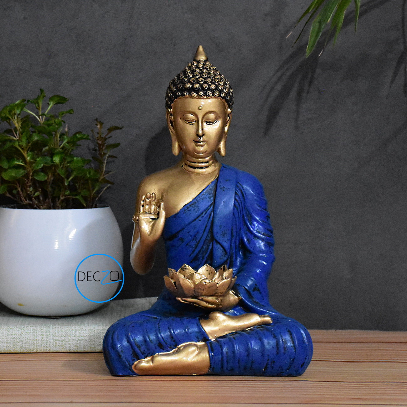 Blessing Buddha Holding Lotus Tealight Holder: Golden-Blue