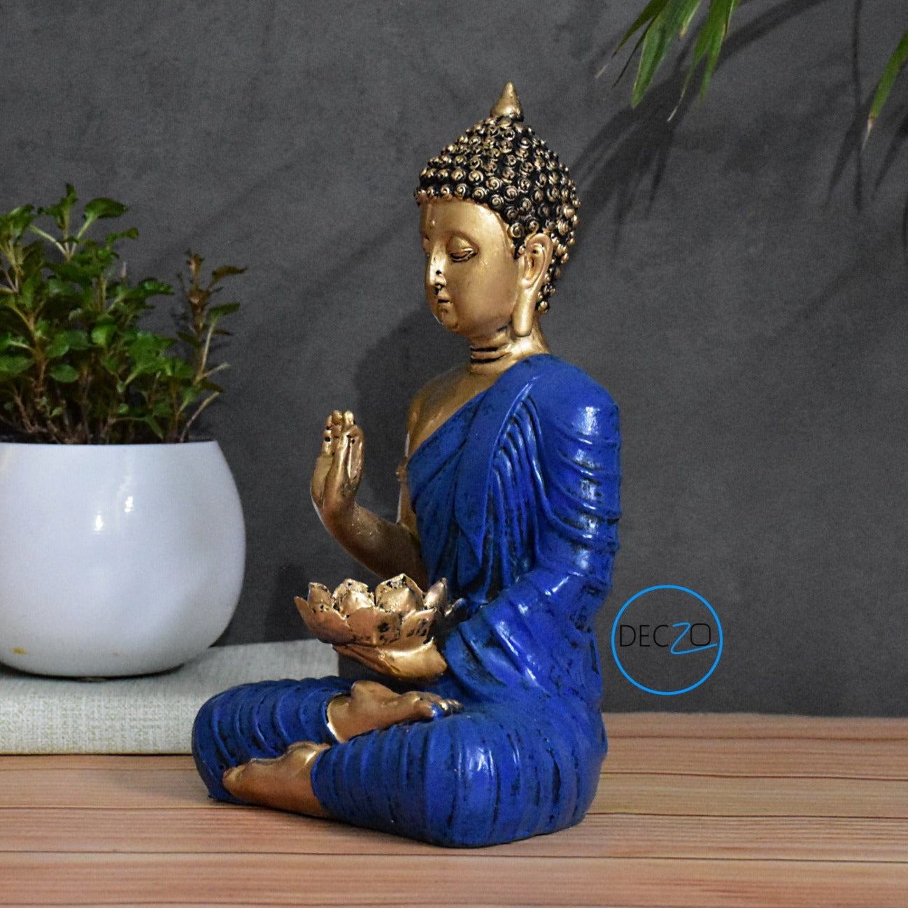 Blessing Buddha Holding Lotus Tealight Holder: Golden-Blue