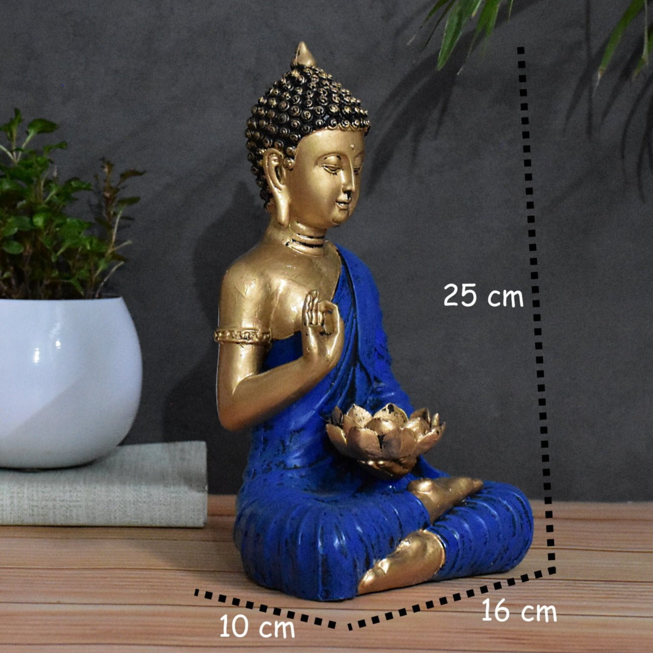 Blessing Buddha Holding Lotus Tealight Holder: Golden-Blue