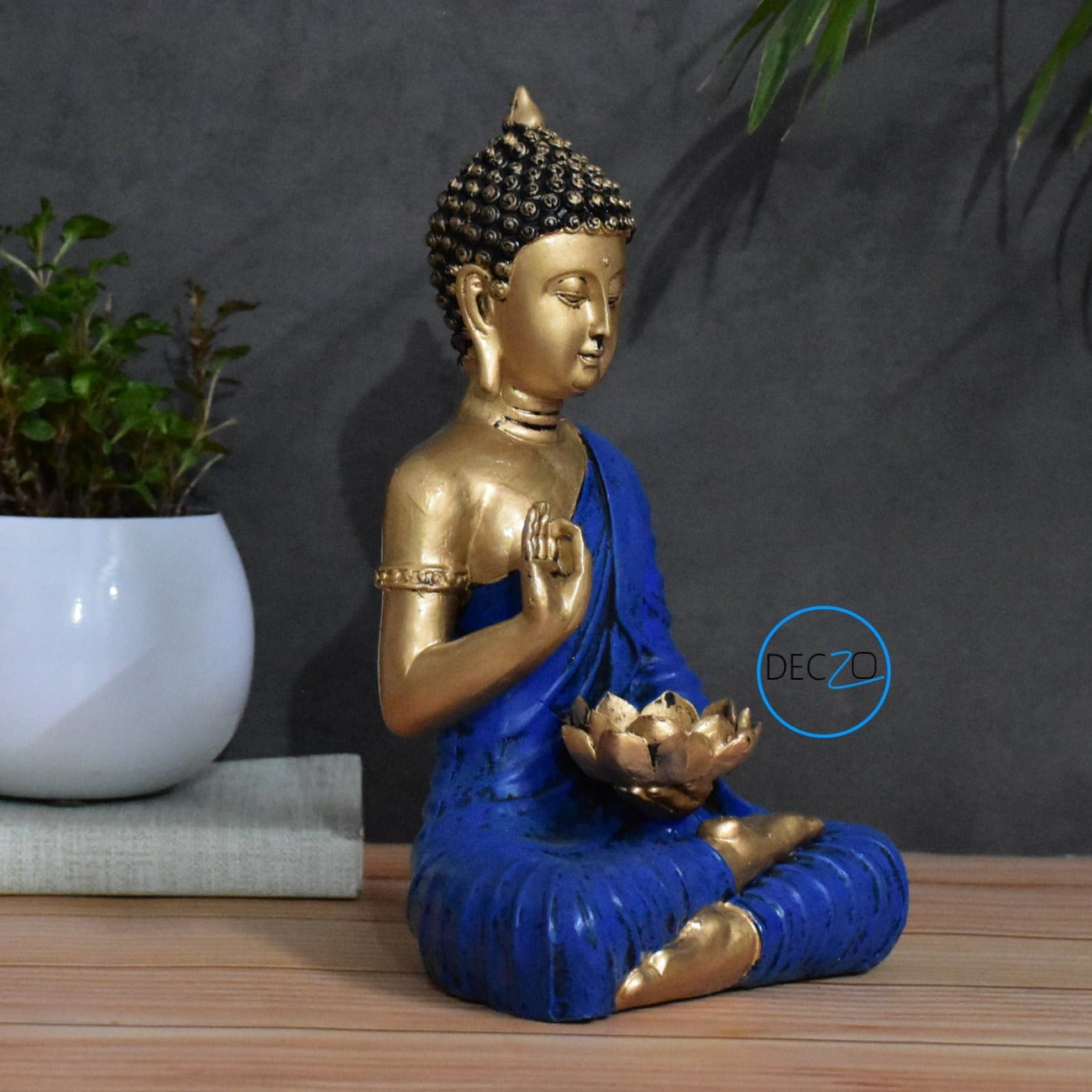 Blessing Buddha Holding Lotus Tealight Holder: Golden-Blue