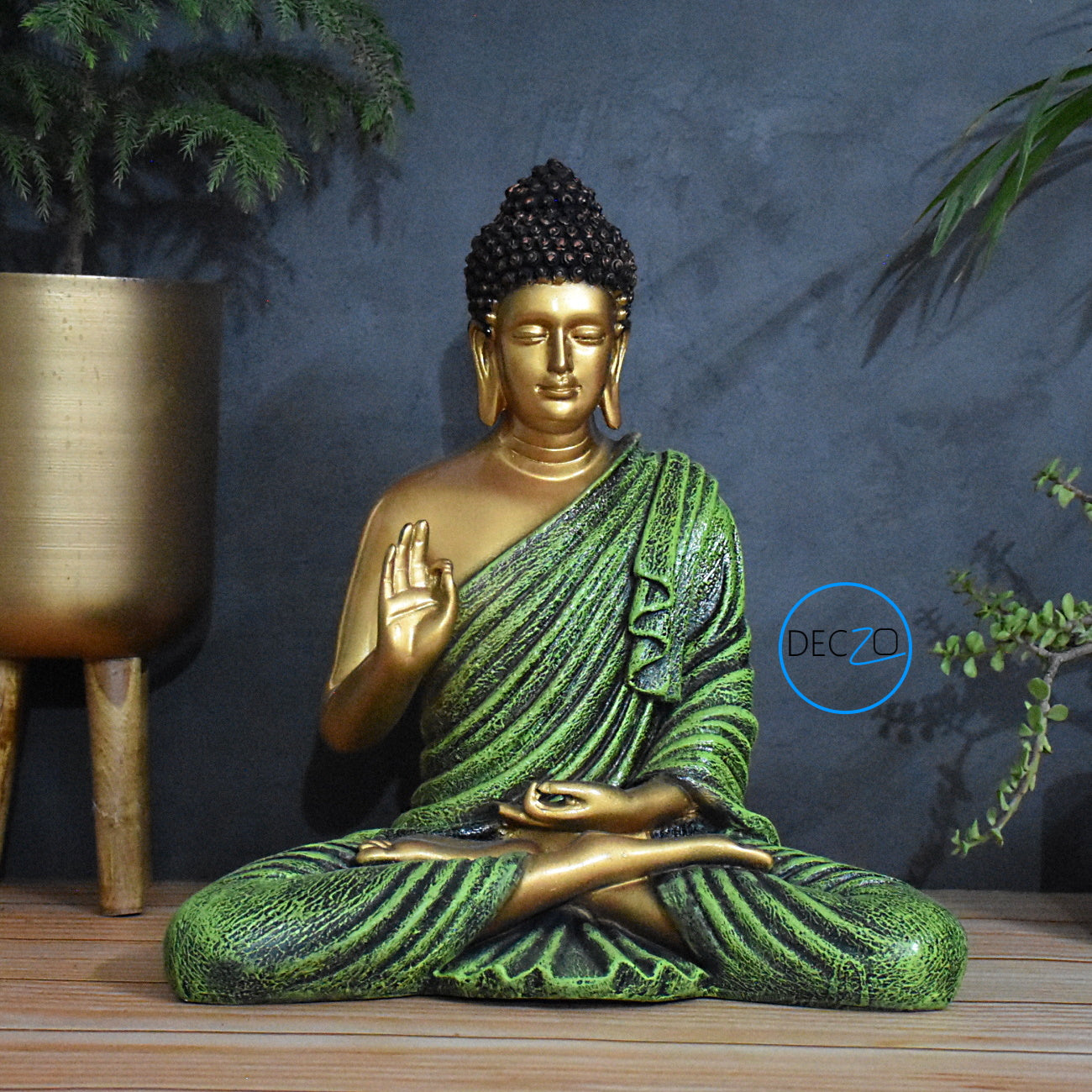 The Healing Spirit Blessing Buddha Statue : 1.25 Feet, Golden-Green