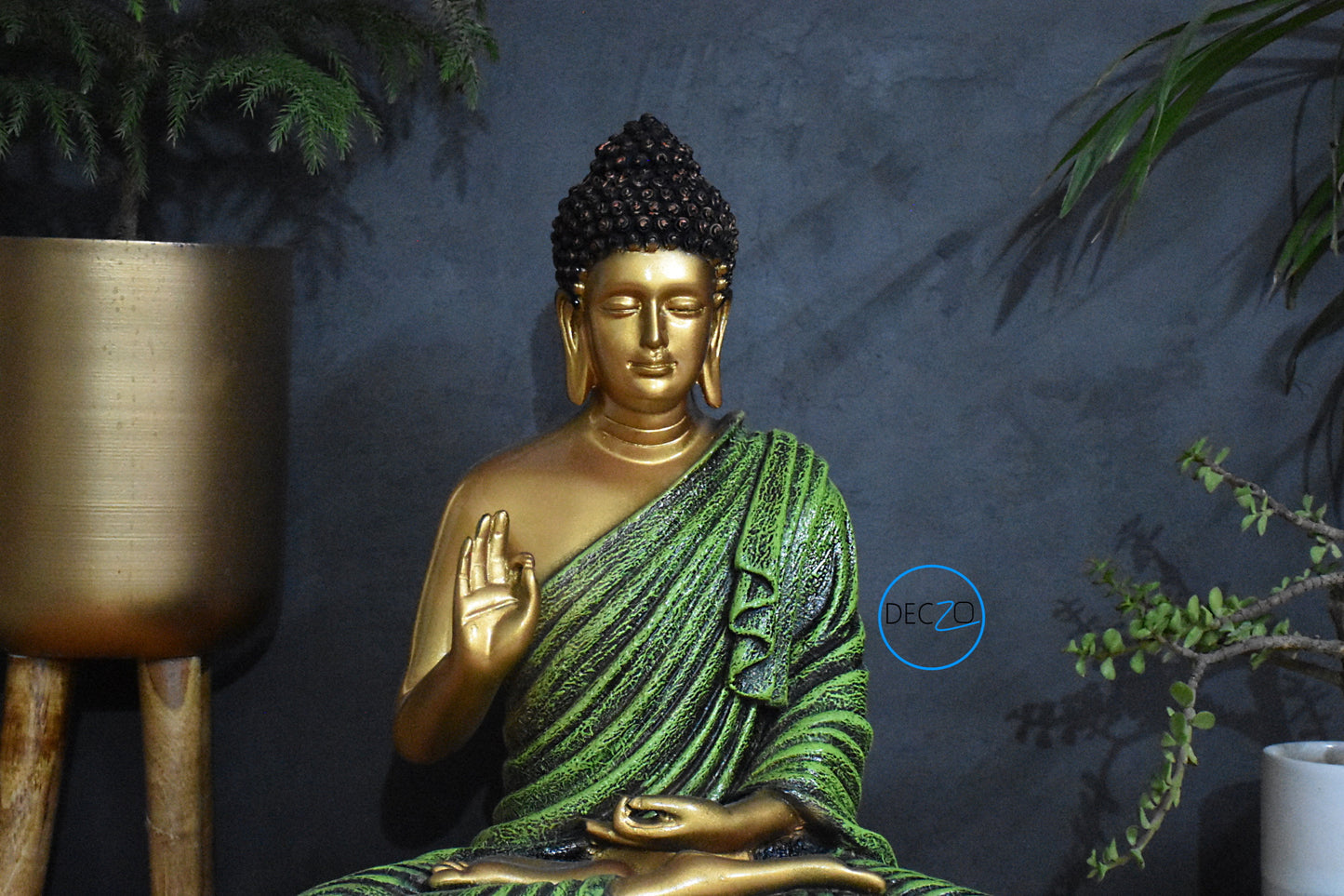 The Healing Spirit Blessing Buddha Statue : 1.25 Feet, Golden-Green