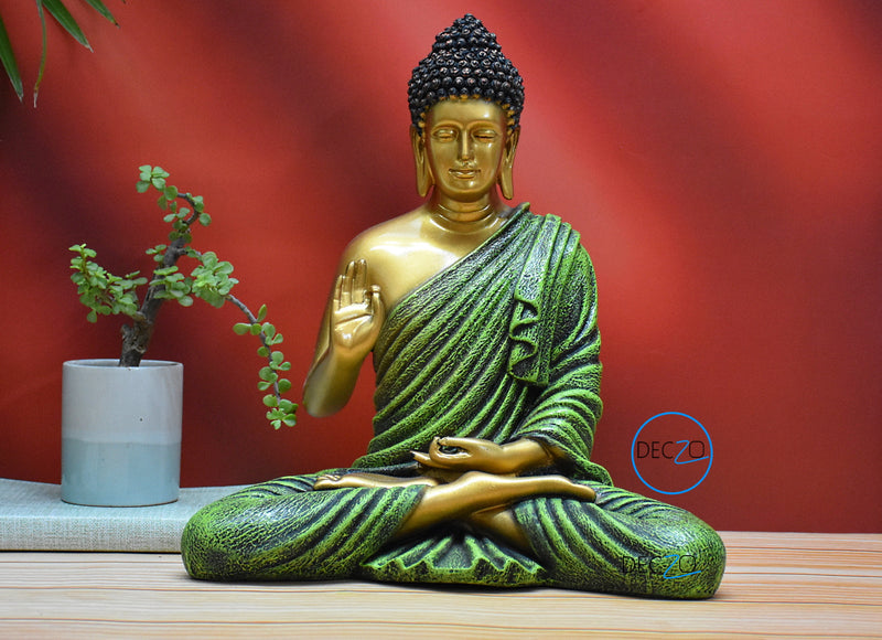 The Healing Spirit Blessing Buddha Statue : 38x34x20 CM, Silky Golden-Green