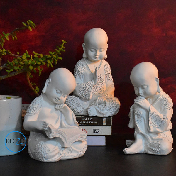 Set of 3 Monk Statues for Home and Gift : White