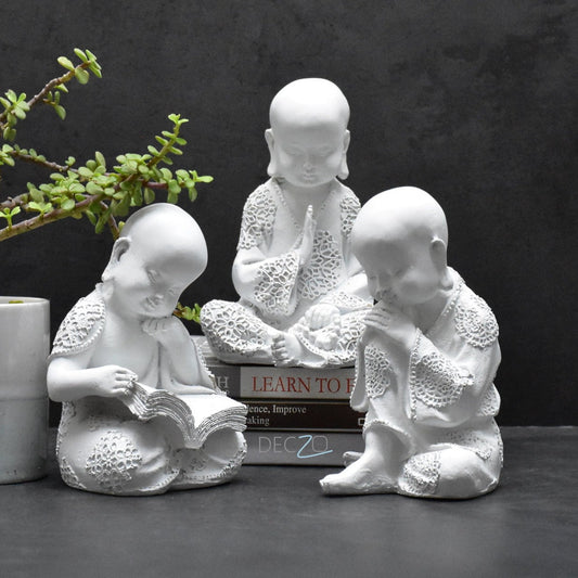 Set of 3 Monk Statues for Home and Gift : White