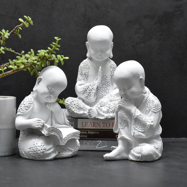 Set of 3 Monk Statues for Home and Gift : White