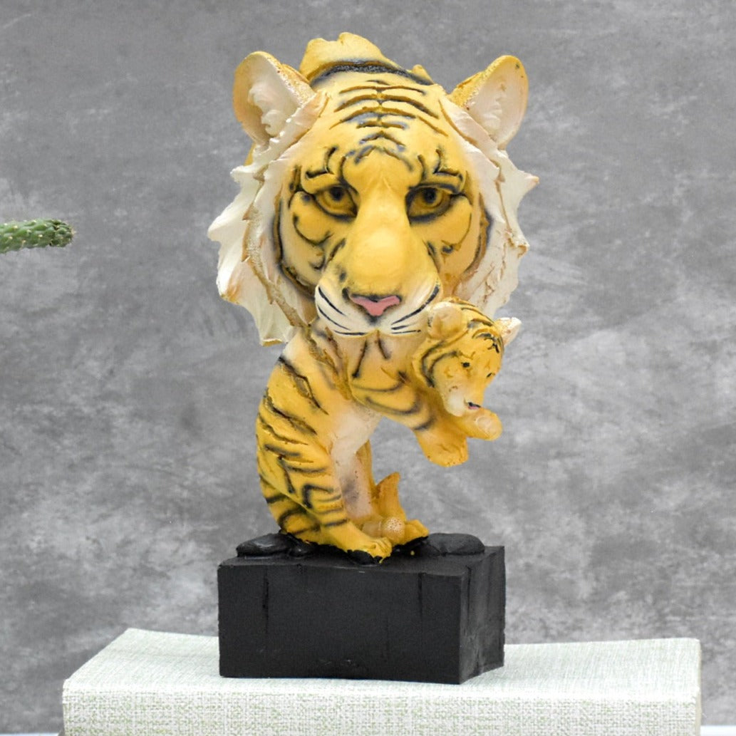 Lion Head with Baby on Base Showpiece  for Home Decor , Table Decor, Garden : Yellow, Black