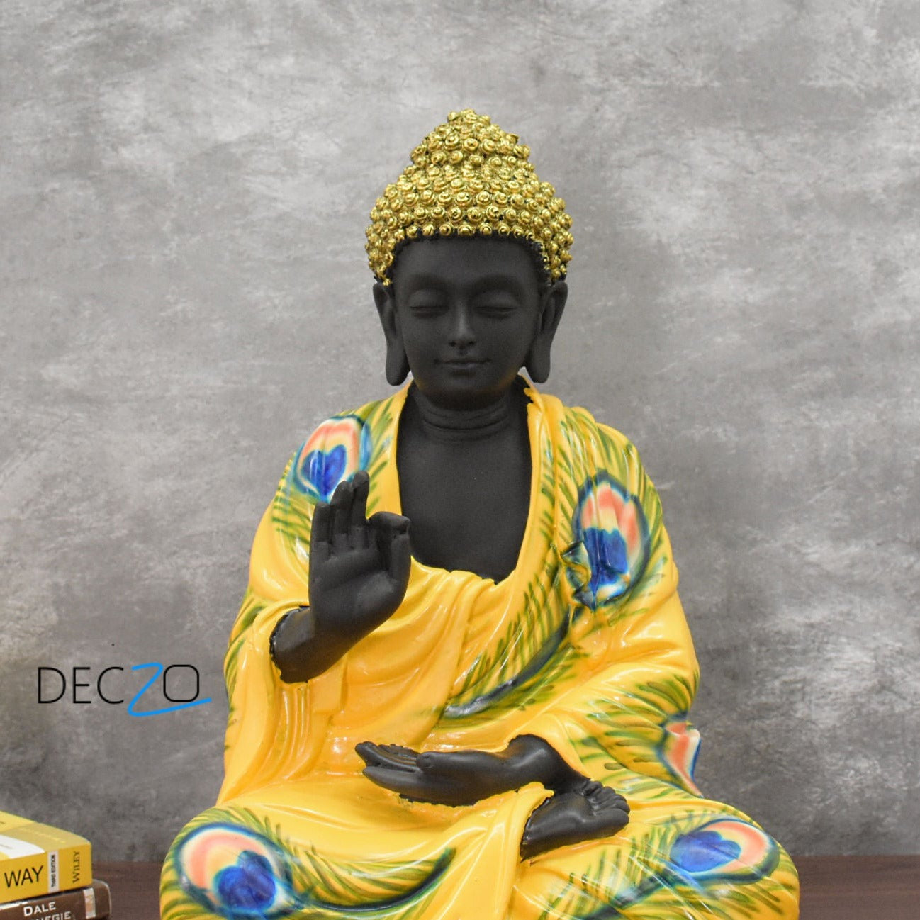 Serene Blessing Large Buddha Statue : Peacock Feather - Deczo