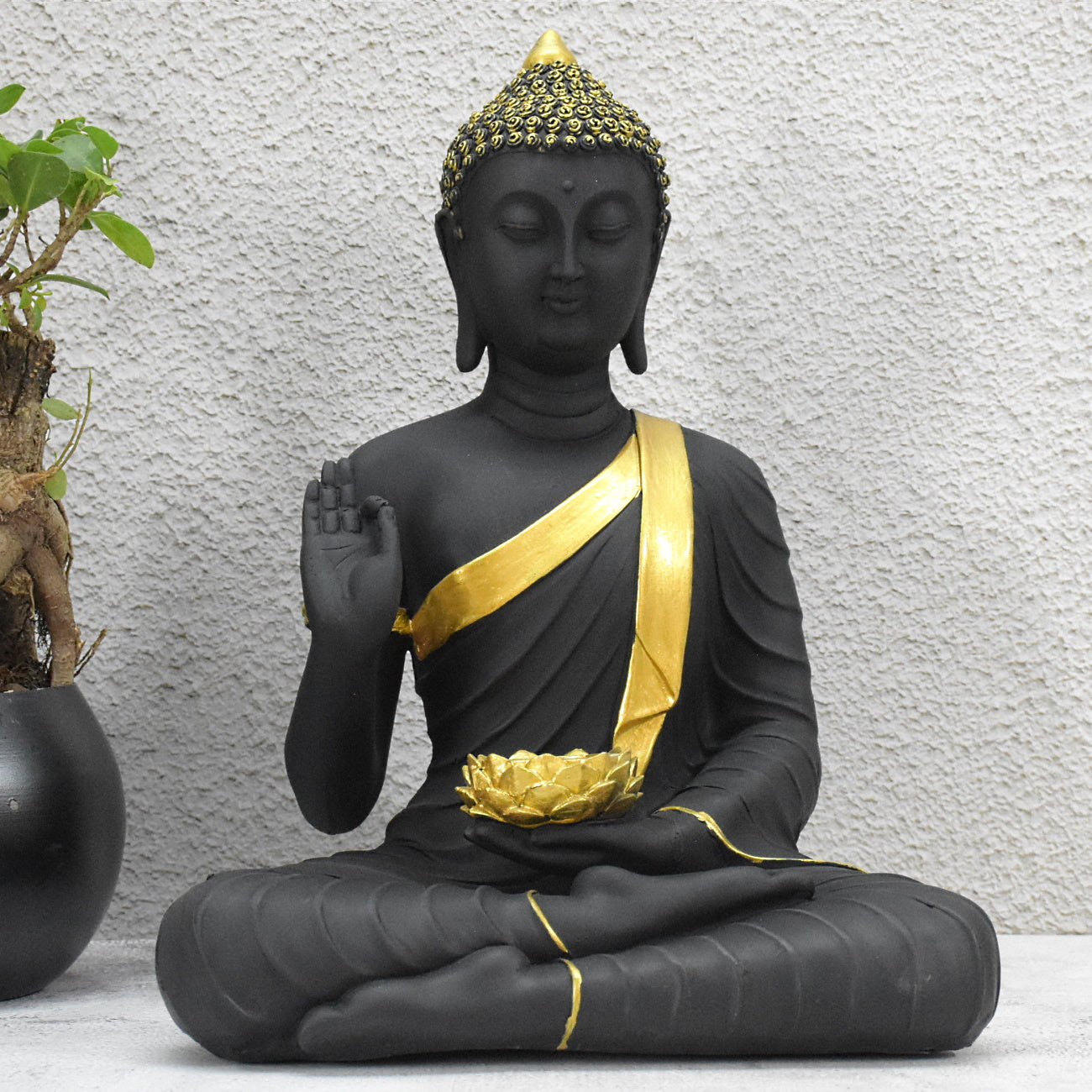 Large  Moksha Buddha Statue: 1.25 Feet, Black