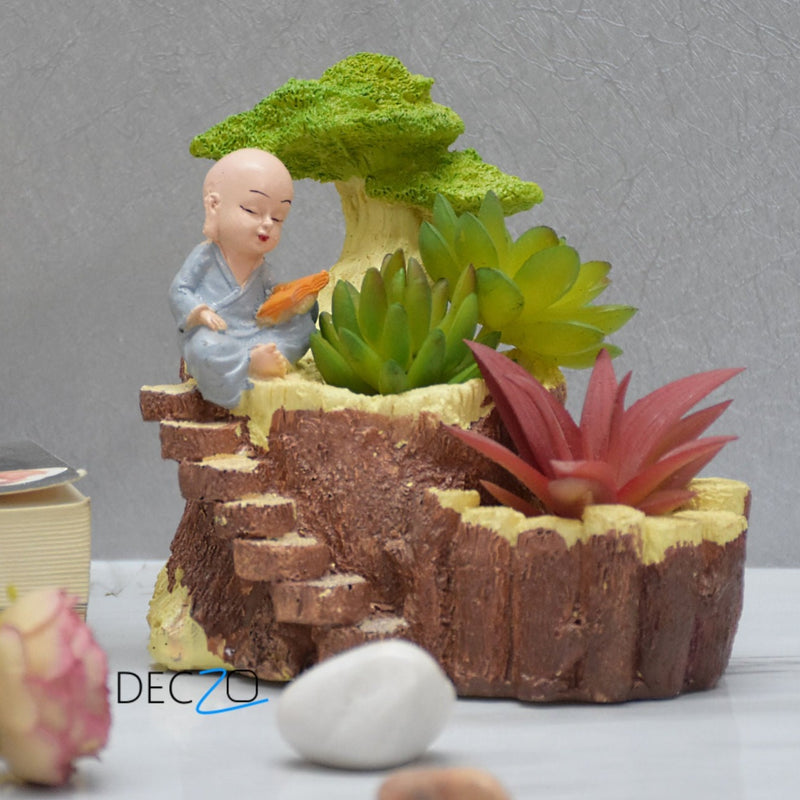 Monk Reading Under Tree Resin Succulent Pot - Deczo
