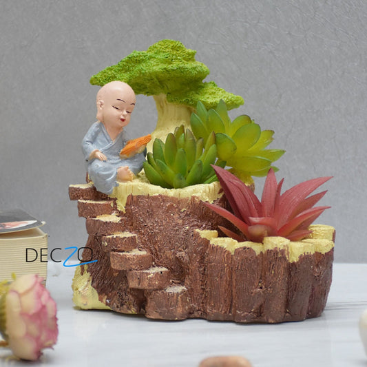 Monk Reading Under Tree Resin Succulent Pot - Deczo