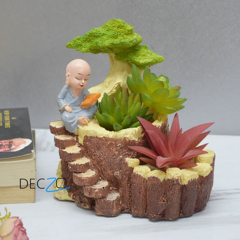 Monk Reading Under Tree Resin Succulent Pot - Deczo