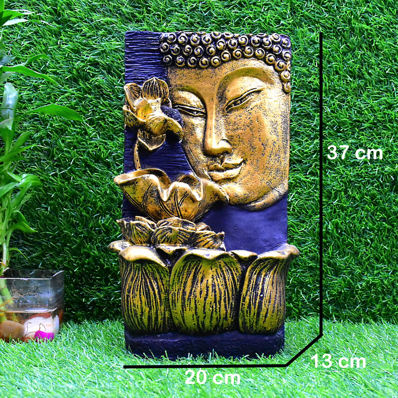 Buddha Face with Lotus Wall and Table Water Fountain : 37 CM, New Golden