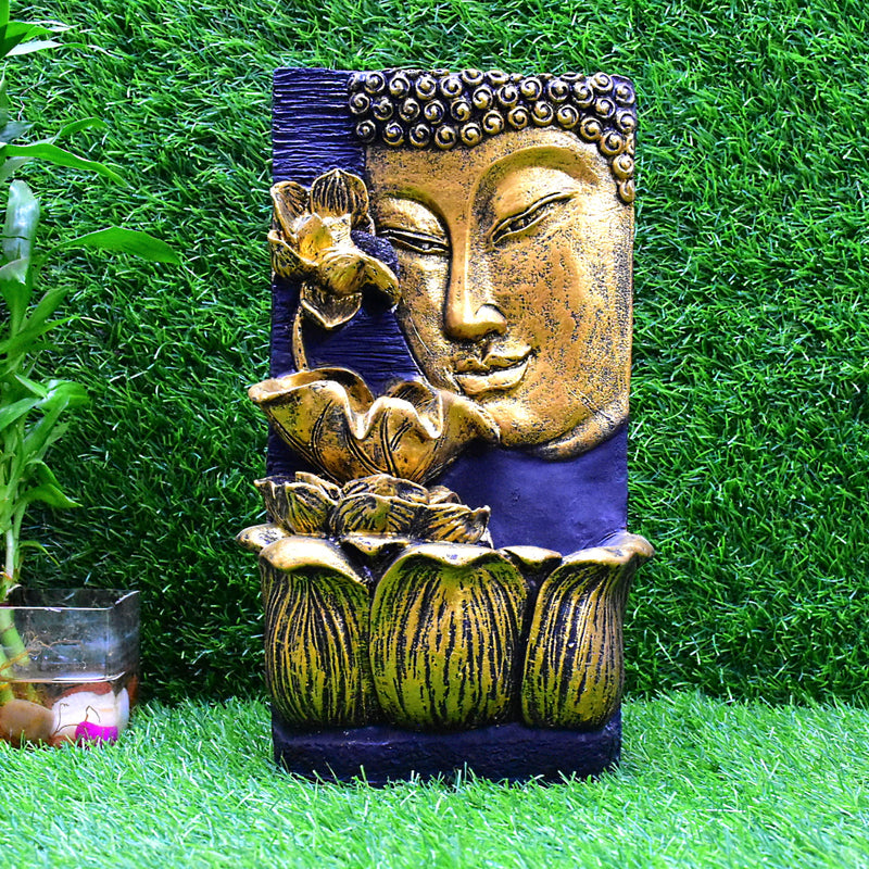 Buddha Face with Lotus Wall and Table Water Fountain : 37 CM, New Golden
