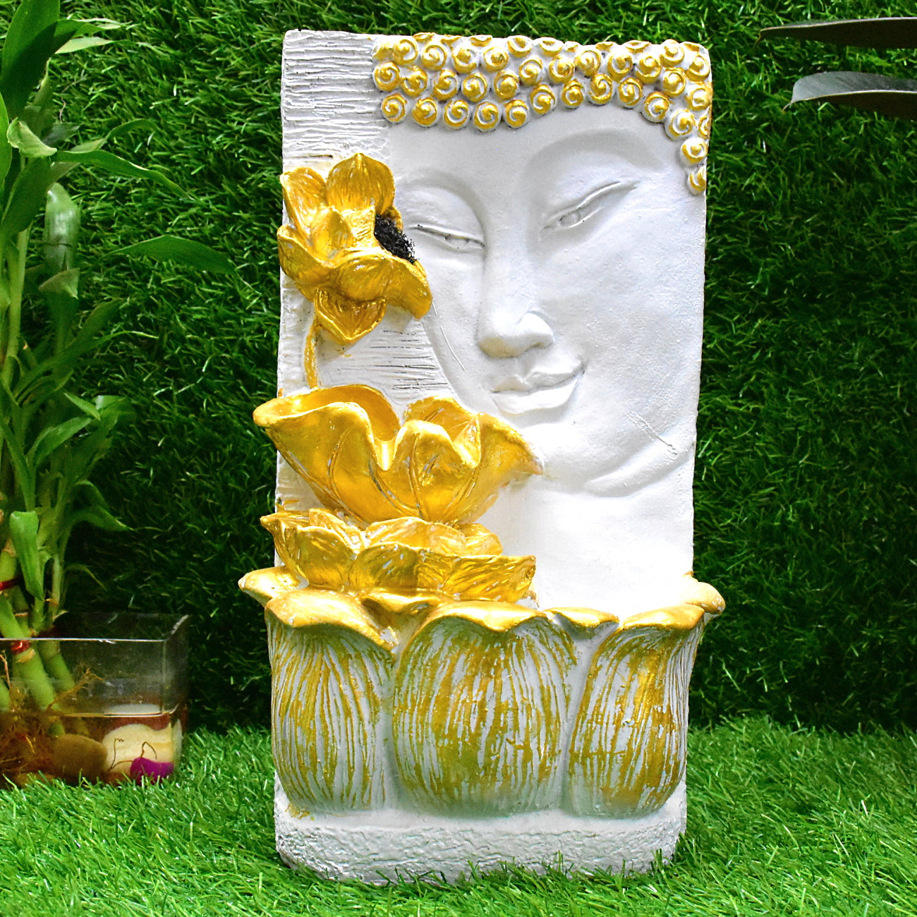 Buddha Face with Lotus Wall and Table Water Fountain : 37 CM, Golden-White