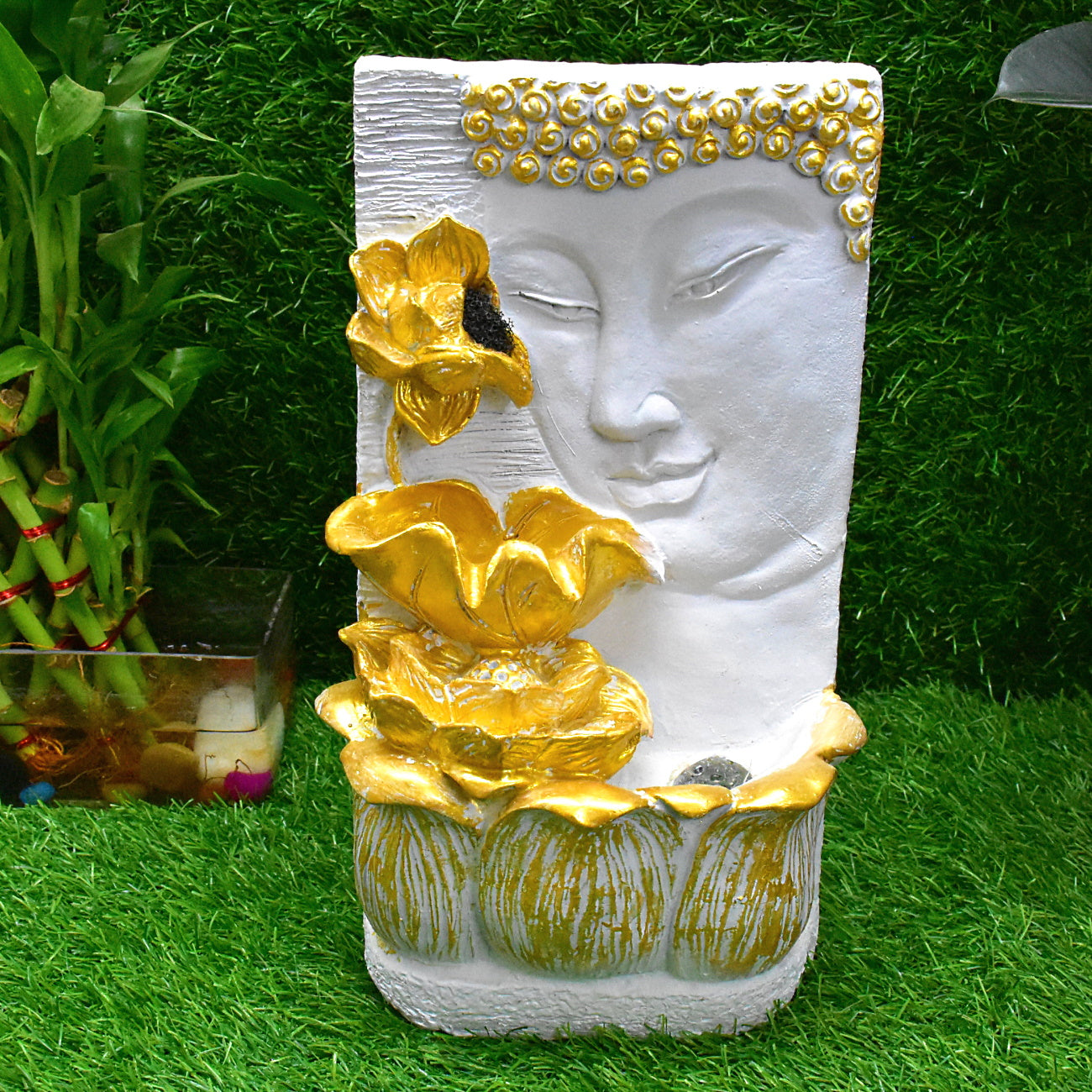 Buddha Face with Lotus Wall and Table Water Fountain : 37 CM, Golden-White