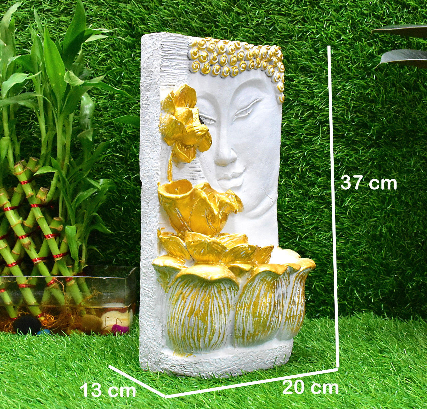 Buddha Face with Lotus Wall and Table Water Fountain : 37 CM, Golden-White