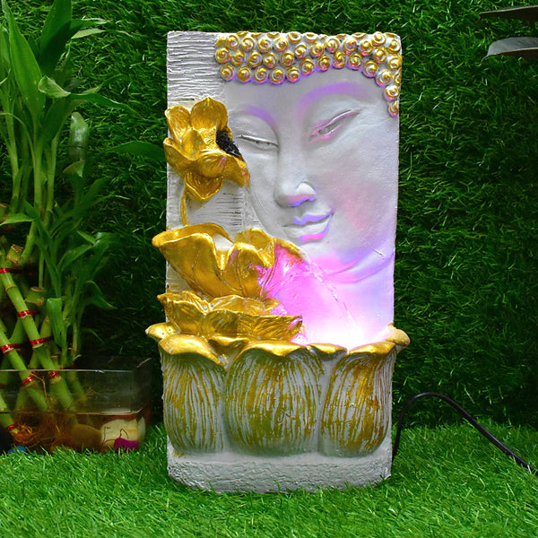 Buddha Face with Lotus Wall and Table Water Fountain : 37 CM, Golden-White