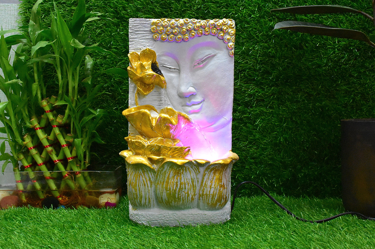 Buddha Face with Lotus Wall and Table Water Fountain : 37 CM, Golden-White