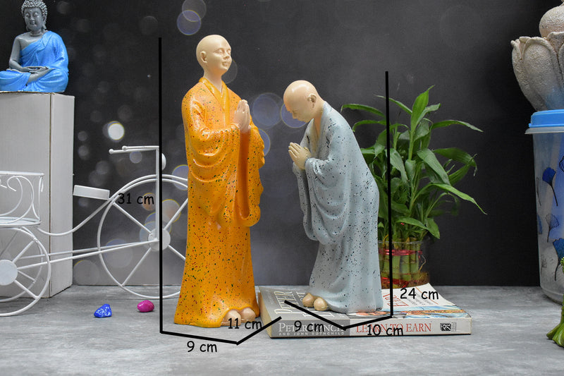 Set of 2  Zen Monk Statue for Decorations ,Creative Home , Study Desktop, (Orange and Grey)