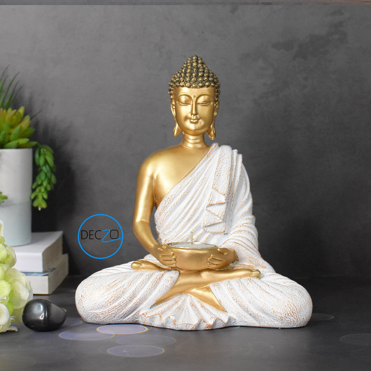 Meditating Buddha Tealight Holder : 21CM, Golden & White
