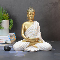 Meditating Buddha Tealight Holder : 21CM, Golden & White