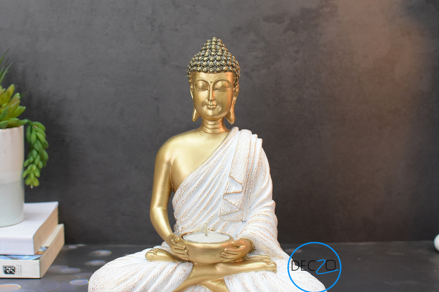 Meditating Buddha Tealight Holder : 21CM, Golden & White