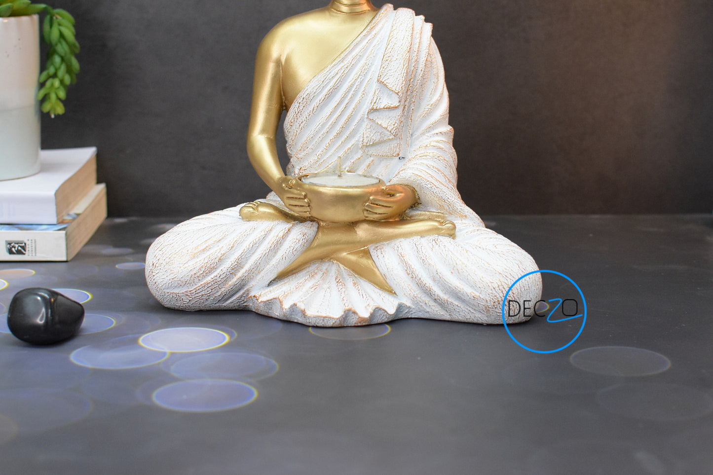 Meditating Buddha Tealight Holder : 21CM, Golden & White