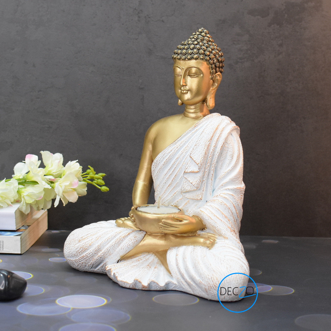 Meditating Buddha Tealight Holder : 21CM, Golden & White