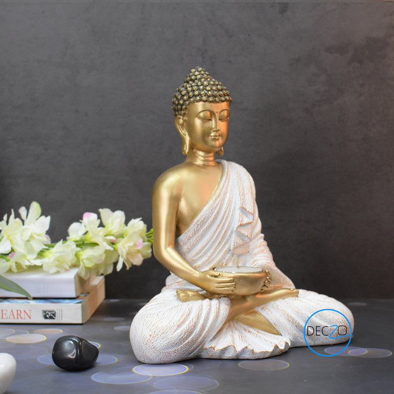 Meditating Buddha Tealight Holder : 21CM, Golden & White