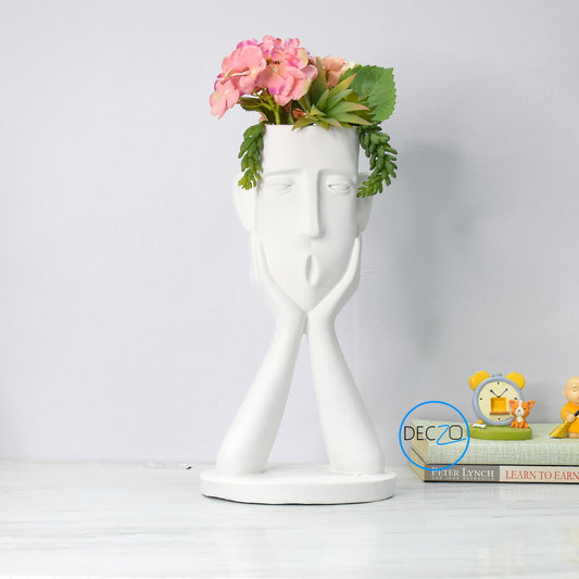 Surprised Human Face Showpiece Cum Table Planter : White - deczo