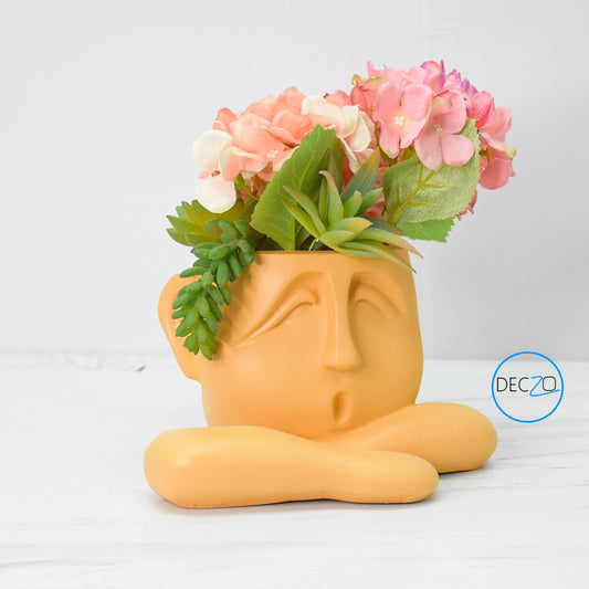 Human Resting Showpiece Cum Table Planter : Orange - deczo