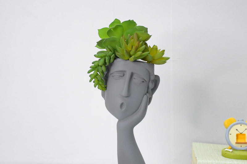 Human Thinking Showpiece Cum Table Planter : Grey - deczo