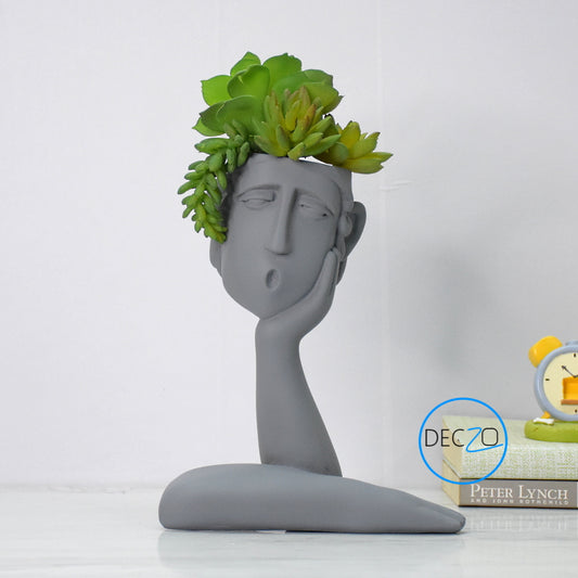 Human Thinking Showpiece Cum Table Planter : Grey - deczo