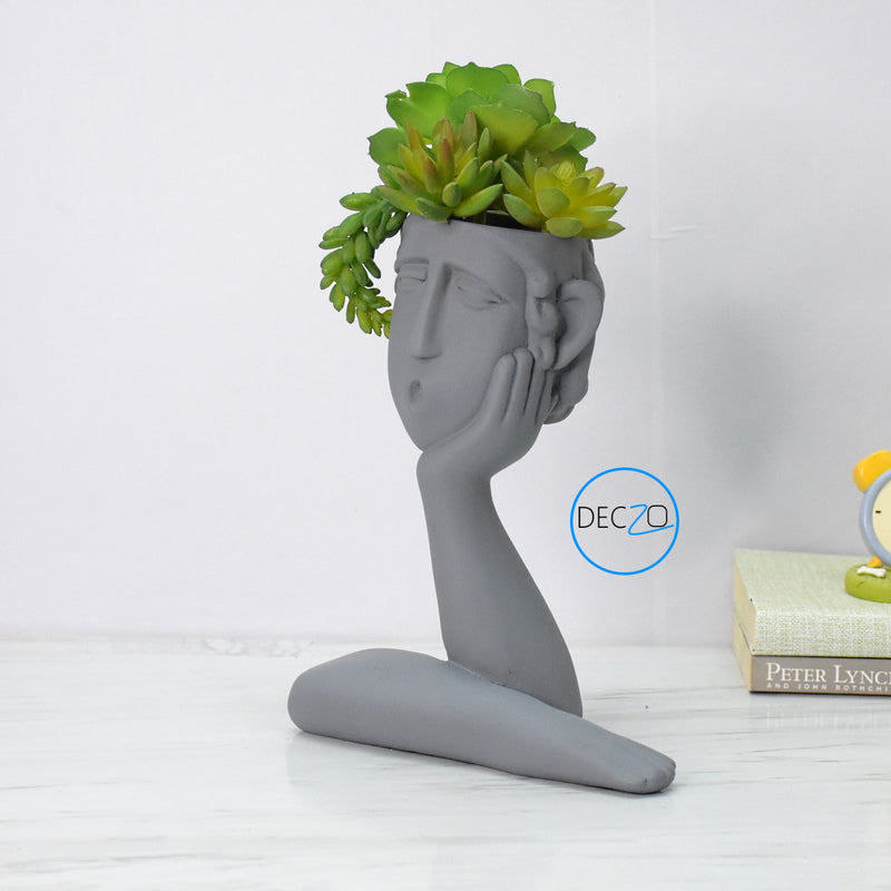 Human Thinking Showpiece Cum Table Planter : Grey - deczo