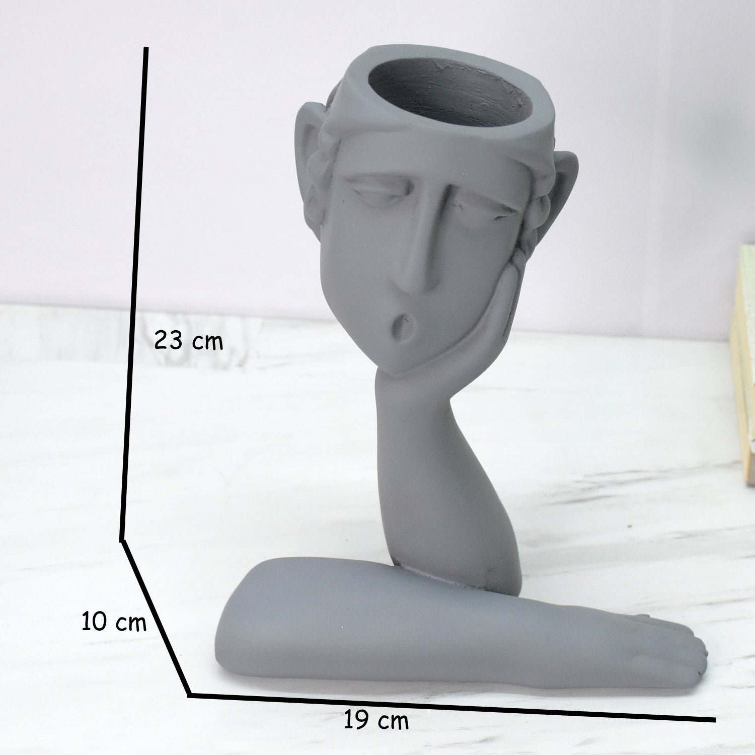 Human Thinking Showpiece Cum Table Planter : Grey - deczo