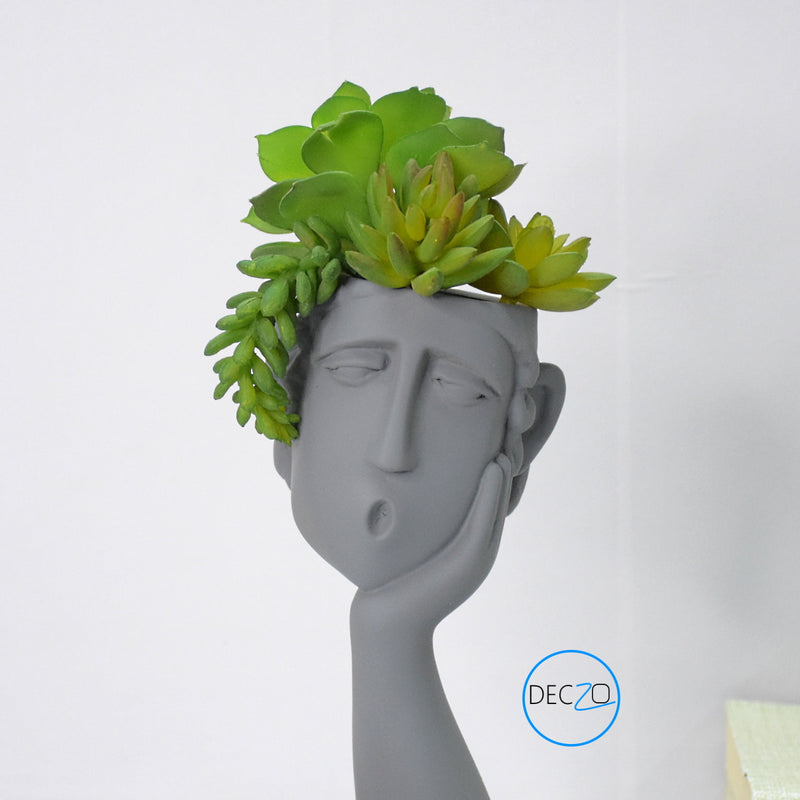 Human Thinking Showpiece Cum Table Planter : Grey - deczo