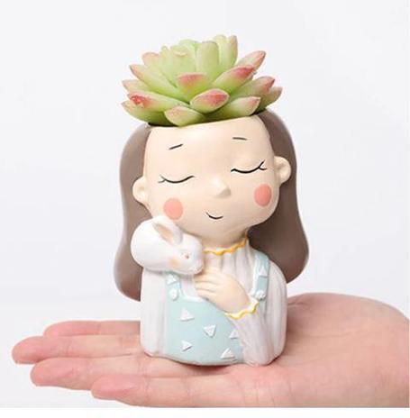 Girl With Rabbit Resin Succulent Pot - Deczo