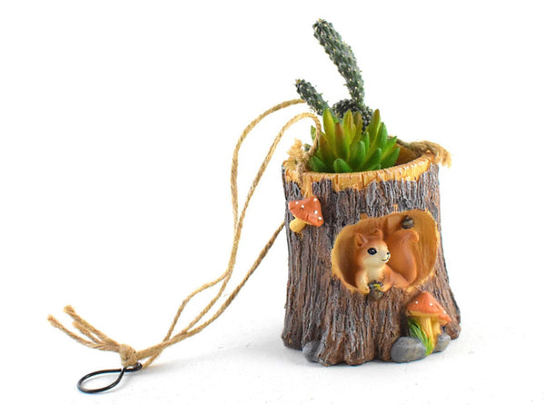 Squirrel Sitting in Tree Trunk Resin Succulent Pot - Deczo