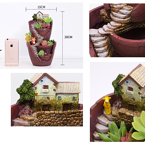Multilevel  Antique House Type Resin Pot for Succulents Plants - Deczo