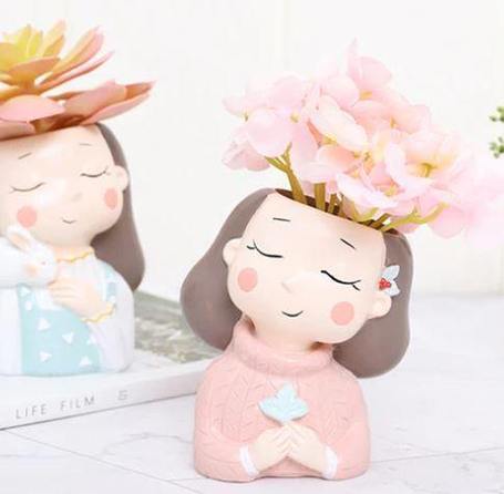 Wishful Nostalgia Girl in Pink Sweater Resin Succulent Pot - Deczo