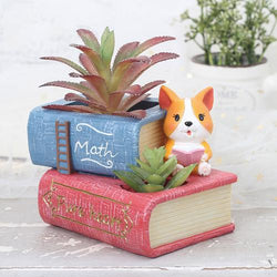 Double Book Cute Corgi Dog Reading Resin Succulent Pot - Deczo