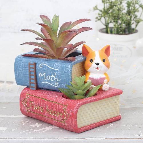 Double Book Cute Corgi Dog Reading Resin Succulent Pot - Deczo